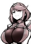  1girl bangs blush breasts pyra_(xenoblade) kanno_takanori large_breasts looking_at_viewer nintendo red_eyes redhead short_hair shoulder_armor sidelocks simple_background smile solo swept_bangs tiara upper_body v_arms white_background xenoblade_(series) xenoblade_2 