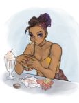  1girl apple_(appleuniversing) bare_shoulders blue_eyes breasts brown_hair cherry choker cleavage commentary cup dark_skin elbow_rest english_commentary fast_food food food_in_mouth french_fries fruit hair_bun hamburger highlights holding holding_food ice_cream lettuce looking_at_viewer medium_breasts milkshake mole mole_under_eye multicolored_hair nail_polish overwatch plaid plaid_skirt purple_hair purple_nails sauce shirt skirt solo sombra_(overwatch) tank_top wrapper yellow_shirt 