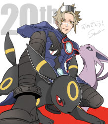  1boy absurdres anniversary black_gloves black_pants black_sclera blonde_hair blue_coat boots closed_mouth coat colored_sclera commentary_request elbow_on_knee espeon facial_mark forehead_jewel gem gloves highres kneeling looking_ahead male_focus pants pokemon pokemon_(creature) pokemon_colosseum red_gemstone red_sclera smile umbreon wes_(pokemon) white_background yanase_seno yellow_eyes 