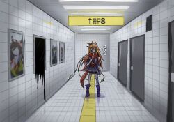  1girl ahozur_dayo animal_ears ankle_boots boots bow brown_hair buena_vista_(old_design)_(umamusume) ceiling_light deep_impact_(umamusume) ear_bow exit_sign fluorescent_lamp grey_jacket hair_between_eyes hallway horse_ears horse_girl horse_tail jacket king_kamehameha_(umamusume) long_hair long_sleeves looking_at_viewer mask messy_hair mouth_mask orfevre_(old_design)_(umamusume) poster_(object) purple_footwear subway_station tactile_paving tail the_exit_8 tile_floor tile_wall tiles umamusume violet_eyes 