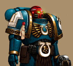  1boy adeptus_astartes armor bolter brown_background english_commentary fonteart full_armor gun helmet holding holding_gun holding_weapon male_focus pauldrons science_fiction shoulder_armor simple_background skull ultramarines warhammer_40k wax_seal weapon 