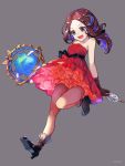  1girl :d bare_shoulders black_footwear blush brown_gloves brown_hair commentary_request dress fate/grand_order fate_(series) full_body gloves green_eyes hair_ornament high_heels legs leonardo_da_vinci_(fate/grand_order) long_hair looking_down moon_(ornament) open_mouth red_dress short_dress simple_background sleeveless sleeveless_dress smile solo staff strapless strapless_dress younger zeromomo 