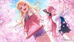  2girls ahoge animal_ear_headphones animal_ears arms_up bang_dream! bare_shoulders belt black_shorts blonde_hair blue_eyes brown_eyes cherry_blossoms collar crowd earrings fake_animal_ears headphones highres holding_cloth jewelry kirigaya_toko long_hair multiple_girls official_art open_mouth outdoors petals pink_hair shorts sky standing tamade_chiyu thighs 