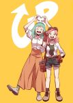  +_+ 2girls :d bag black_undershirt boku_no_hero_academia boots brown_gloves brown_skirt closed_eyes eyelashes fukukado_emi gloves goggles goggles_on_head green_hair hatsume_mei heart heart_hands highres jamyongja long_skirt medium_hair multiple_girls ok_sign open_clothes open_mouth open_shirt orange_background pink_hair shirt short_sleeves shorts shoulder_bag skirt smile smiley_face striped striped_legwear symbol-shaped_pupils tool_belt white_shirt yellow_eyes 