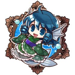  1girl :d blue_eyes blue_hair chibi chibi_only commentary_request drill_hair fins full_body green_kimono head_fins japanese_clothes kimono long_sleeves looking_at_viewer medium_hair mermaid monster_girl obi open_mouth purple_sash sash smile socha solo touhou twin_drills wakasagihime wide_sleeves 