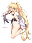  1girl :d ass bare_legs black-framed_eyewear blonde_hair blue_eyes breasts character_name collarbone competition_swimsuit eyebrows_visible_through_hair fate/grand_order fate_(series) flip-flops full_body glasses harukon_(halcon) heart highres jacket jeanne_d&#039;arc_(fate)_(all) jeanne_d&#039;arc_(swimsuit_archer) large_breasts legs_up long_hair off_shoulder one-piece_swimsuit open_clothes open_jacket open_mouth ponytail sandals simple_background skindentation smile solo swimsuit very_long_hair white_background white_swimsuit 