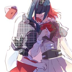  2girls absurdres blue_hair bow brown_dress cherry_bomb_(love_live!) commentary dark_blue_hair dress english_commentary grey_bow grey_shirt hair_bow highres kiss long_hair long_sleeves love_live! love_live!_nijigasaki_high_school_idol_club lying medium_hair multiple_girls myonmukyuu official_alternate_costume on_back orange_hair plaid_bow plaid_clothes plaid_shirt ponytail shirt short_sleeves skirt uehara_ayumu walking_dream white_background white_shirt white_skirt yuki_setsuna yuri 