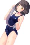  0625a 1girl bangs black_hair blue_swimsuit blunt_bangs collarbone cowboy_shot kantai_collection kishinami_(kantai_collection) looking_at_viewer new_school_swimsuit school_swimsuit short_hair simple_background solo swimsuit towel wavy_hair wet white_background yellow_eyes 