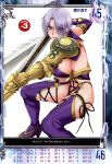  1girl absurdres arm_support armor blue_eyes breasts earrings gauntlets hair_over_one_eye highres huge_breasts isabella_valentine jewelry lipstick makeup nigou open_mouth purple_lipstick queen&#039;s_gate scan short_hair solo soul_calibur soulcalibur soulcalibur_iv sword thigh-highs under_boob weapon white_hair 