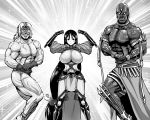  1girl 2boys abs armlet armor bald belt biceps blush bodysuit breasts darius_iii_(fate/grand_order) dark_skin earrings fate/grand_order fate_(series) flexing gloves grin huge_breasts japanese_armor jewelry kanno_takanori kote long_hair low-tied_long_hair mask minamoto_no_raikou_(fate/grand_order) multiple_boys muscle no_pupils pectorals ponytail pose shirtless smile sparkle spartacus_(fate) standing tattoo teeth trait_connection veins very_long_hair 