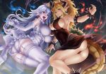  2girls absurdres armpits ass asymmetrical_docking bare_shoulders blonde_hair blue_eyes bowsette breast_press breasts cleavage covered_navel crown curvy dress dress_lift earrings elbow_gloves fingernails frilled_skirt frills ghost gloves highres hikari_(komitiookami) hips huge_ass jewelry large_breasts legs long_hair looking_at_viewer super_mario_bros. multiple_girls nintendo panties pantyshot personification pointy_ears princess_king_boo sharp_fingernails sharp_teeth shell sideboob skirt sleeveless sleeveless_dress smile super_crown super_mario_bros. symmetrical_docking tail teeth thick_thighs thigh-highs thighs tongue tongue_out underwear very_long_hair violet_eyes white_hair wide_hips 