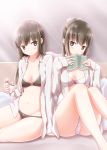  2girls bed black_bra black_panties blush book book_to_mouth bow bra breasts brown_eyes brown_hair cleavage doughnut eating food hair_bow highres kamakama_(kdmorh_kamakama) legs_up long_hair looking_at_another looking_at_viewer medium_breasts multiple_girls navel open_clothes open_shirt original panties ponytail shirt sideways_glance sitting thighs unbuttoned unbuttoned_shirt underwear white_bow white_bra white_panties white_shirt yuri 