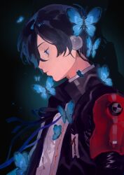  1boy achai_dong armband black_background black_jacket blue_butterfly blue_eyes blue_hair blue_ribbon bug butterfly closed_mouth dark_blue_hair from_side gekkoukan_high_school_uniform glowing_butterfly hair_between_eyes headphones highres jacket lips looking_down male_focus neck_ribbon persona persona_3 persona_3_reload popped_collar profile red_armband ribbon school_uniform shirt short_hair solo white_shirt yuuki_makoto_(persona_3) 