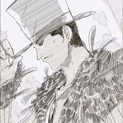  1boy adjusting_clothes adjusting_headwear disneyland facial_hair feathers greyscale hat male_focus mattya1582 monochrome mr._v mustache pencil_mustache profile recruiters_(disney) solo 