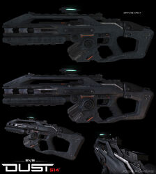  3d artist_name assault_rifle black_background commentary copyright_logo copyright_name dust_514 eve_online flewda from_side glowing gun highres logo no_humans realistic rifle science_fiction simple_background weapon weapon_focus 