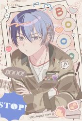  1boy aoyagi_touya barcode blue_hair booo!_(vocaloid) buttons cherry collared_shirt commentary_request cookie copyright_name crossed_arms dark_blue_hair earrings fingernails flower food fruit hair_ornament hairpin heart highres jewelry korean_commentary long_sleeves looking_at_viewer male_focus mole mole_under_eye multicolored_hair multiple_hairpins mumat_39 musical_note necklace official_alternate_costume pout project_sekai pudding ring shirt short_hair solo split-color_hair spoken_musical_note strawberry two-tone_hair upper_body 