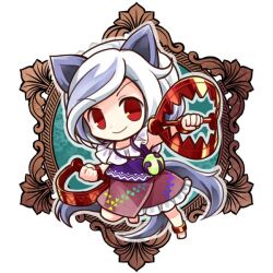  1girl animal_ears bear_trap blue_hair chibi chibi_only closed_mouth commentary_request dog_ears dog_tail frilled_skirt frills jewelry looking_at_viewer mitsugashira_enoko multicolored_hair necklace outstretched_arm purple_shirt red_eyes red_skirt shirt short_hair skirt smile socha solo tail touhou two-tone_hair v-shaped_eyebrows white_hair 