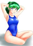  1girl absurdres arms_up blue_eyes blue_swimsuit competition_swimsuit covered_navel green_hair highres horns indian_style long_hair looking_at_viewer lum nanao_futaba one-piece_swimsuit pointy_ears ponytail rubber_band simple_background sitting solo swimsuit tying_hair urusei_yatsura white_background 
