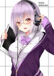  1girl :d arm_up bangs blush bow bowtie breasts collared_shirt commentary_request copyright_name dress_shirt eyebrows_visible_through_hair glasses hair_between_eyes hand_up headphones highres holding ipad jacket lavender_hair long_sleeves medium_breasts medium_hair off_shoulder open_clothes open_jacket open_mouth partially_unzipped pink-framed_eyewear purple_bow purple_jacket purple_neckwear red_eyes school_uniform semi-rimless_eyewear shinjou_akane shirt sleeves_past_wrists smile solo ssss.gridman tablet tablet_pc two-tone_background under-rim_eyewear white_background white_shirt wing_collar yuzuzukushi zipper zipper_pull_tab 