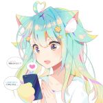  1girl :d ahoge animal_ear_fluff animal_ears aqua_hair bangs blue_eyes cat_ears cellphone chinese collarbone eyebrows_visible_through_hair fang hair_between_eyes hair_ornament hands_up heart heart-shaped_pupils heart_ahoge highres holding holding_cellphone holding_phone long_hair looking_away mao_ge multicolored multicolored_eyes open_mouth original own_hands_together phone pink_eyes prehensile_hair shirt simple_background smile solo spoken_heart star star_hair_ornament steepled_fingers symbol-shaped_pupils translation_request upper_body white_background white_shirt 