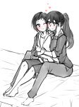  2girls bangs barefoot blush commentary greyscale heart hug hug_from_behind jacket komano_hina long_hair looking_at_another monochrome multiple_girls okujou_no_yurirei-san one_eye_closed open_clothes open_jacket pants ponytail short_hair shorts sitting sitting_on_lap sitting_on_person sketch spot_color toomi_yuna twrlare yuri 