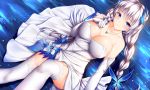  1girl afloat alternate_hairstyle azur_lane bare_shoulders blue_eyes braid breasts cleavage collarbone commentary dress elbow_gloves from_above gloves hair_ornament highres illustrious_(azur_lane) jewelry large_breasts long_hair looking_at_viewer looking_up necklace ocean off-shoulder_dress off_shoulder silver_hair sitting smile solo thigh-highs twin_braids twintails white_dress white_gloves white_legwear wsman zettai_ryouiki 