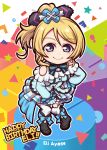  1girl ayase_eli bangs birthday black_footwear blonde_hair blue_eyes boots bow bowtie breasts character_name chibi commentary_request earrings english eyebrows_visible_through_hair frills hair_bow hand_on_hip happy_birthday jewelry kira-kira_sensation! long_hair looking_at_viewer love_live! love_live!_school_idol_project medium_breasts miloku ponytail rectangle shoulder_cutout solo standing star thigh-highs triangle white_legwear 