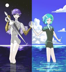  2others androgynous aqua_eyes aqua_hair bangs blue_eyes blue_hair blue_sky blunt_bangs clouds dual_persona eyebrows_visible_through_hair full_moon gem_uniform_(houseki_no_kuni) glowing glowing_eye golden_arms heterochromia highres houseki_no_kuni looking_at_viewer moon multiple_others necktie night night_sky ocean partially_submerged phosphophyllite phosphophyllite_(ll) see-through short_hair sky smile spoilers sword touching water weapon white_eyes 