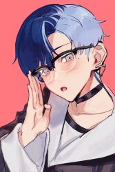  1boy adjusting_eyewear aoyagi_touya bespectacled black_choker blue_hair choker commentary_request dark_blue_hair earrings glasses grey_eyes hand_up highres jewelry long_sleeves looking_at_viewer lower_teeth_only male_focus mole mole_under_eye multicolored_hair official_alternate_hairstyle open_mouth parted_hair project_sekai short_hair simple_background solo split-color_hair teeth triangle_earrings tsutsu_(tsutsuheart) two-tone_hair whip_the_wimp_girl!!_(project_sekai) 