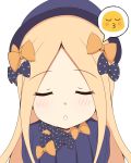  1girl :o abigail_williams_(fate/grand_order) absurdres bangs black_bow black_dress black_hat blonde_hair blue_eyes blush bow closed_eyes commentary_request dress emoticon eyebrows_visible_through_hair facing_viewer fate/grand_order fate_(series) forehead hair_bow hat highres long_hair looking_at_viewer mitchi o3o orange_bow parted_bangs parted_lips polka_dot polka_dot_bow puckered_lips simple_background solo upper_body white_background 