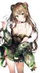  1girl :p absurdres ahoge bangs bare_shoulders black_dress blush bow breasts brown_hair camouflage_jacket character_name choker cleavage collarbone dated dog_tags double_bun dress eyebrows_visible_through_hair fingerless_gloves fur_trim girls_frontline gloves green_bow green_eyes hair_bow head_tilt highres jacket long_hair looking_at_viewer medium_breasts off_shoulder rfb_(girls_frontline) short_dress sidelocks smile solo tongue tongue_out umibouzu_(niito) v 