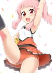  1girl :d absurdres anima_yell! armpits bangs blush cheerleader confetti hand_on_hip hatoya_kohane high_kick highres kicking looking_at_viewer miniskirt mocchi open_mouth orange_skirt pink_hair pleated_skirt pom_poms ponytail red_eyes red_shorts short_shorts shorts shorts_under_skirt skirt smile solo 