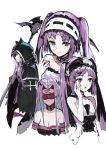  4girls absurdres andrian_gilang bare_shoulders blindfold bonnet cloak collar euryale fate/grand_order fate_(series) hairband headdress highres leotard lolita_hairband long_hair looking_at_viewer medusa_(fate)_(all) medusa_(lancer)_(fate) multiple_girls open_mouth purple_hair rider siblings sisters sitting smile stheno twintails underwear very_long_hair violet_eyes 