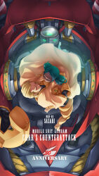  1boy 1girl age_difference anniversary ass bindi blonde_hair boots char's_counterattack char_aznable character_name commentary_request copyright_name couple dark_skin english_text ghost gundam helmet highres hug lalah_sune machinery mecha mecha_pilot_suit mobile_suit neo_zeon open_cockpit robot sazabi science_fiction size_difference space_helmet title tunic two9one zero_gravity 