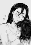  2girls ana_(overwatch) apple_(appleuniversing) blush closed_eyes closed_mouth commentary doodle english_commentary facing_viewer from_side greyscale hair_between_eyes heart hug long_bangs long_hair monochrome multiple_girls overwatch pharah_(overwatch) profile shirt short_hair smile upper_body 