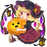  1girl :p alternate_costume bat black_shirt blonde_hair blush chibi commentary_request flandre_scarlet frilled_skirt frills hat hat_ribbon holding_pumpkin jack-o&#039;-lantern lantern looking_at_viewer outstretched_legs puffy_short_sleeves puffy_sleeves red_eyes red_footwear red_skirt ribbon shirt short_hair short_sleeves side_ponytail simple_background sitting sketch skirt solo tamagogayu1998 tongue tongue_out touhou white_background wings 
