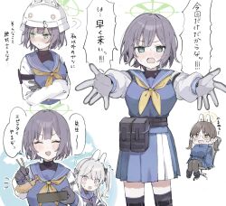  3girls ammunition_pouch animal_ear_hairband animal_ears armband black_armband black_pantyhose black_thighhighs blue_archive blue_footwear blue_gloves blue_sailor_collar blue_serafuku blue_shirt blue_skirt blue_sweater blush box brown_hair chopsticks closed_eyes combat_helmet crossed_arms embarrassed fake_animal_ears gloves green_eyes hair_between_eyes hairband helmet highres holding holding_box holding_chopsticks long_hair looking_at_another looking_to_the_side miyako_(blue_archive) moe_(blue_archive) multiple_girls on_chair one_side_up open_mouth oshio_(baniniwana) pantyhose pouch purple_hair rabbit_ear_hairband rabbit_ears reaching reaching_towards_viewer sailor_collar saki_(blue_archive) school_uniform serafuku shirt sidelocks sitting skirt sweatdrop sweater thigh-highs twintails violet_eyes white_gloves white_hair white_sleeves yellow_eyes 