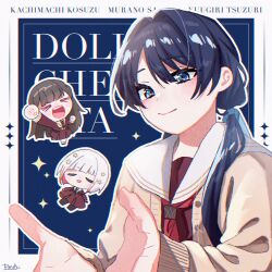  >_< 3girls :d absurdres aqua_neckerchief arm_up black_gloves black_pantyhose blue_background blue_eyes blue_hair blue_ribbon blush bob_cut border brown_cardigan brown_dress brown_hair cardigan center-flap_bangs character_name chibi closed_eyes closed_mouth colored_inner_hair dark_blue_hair diagonal_bangs dollchestra dress gloves group_name hair_ornament hair_ribbon hasu_no_sora_school_uniform highres inverted_bob kachimachi_kosuzu link!_like!_love_live! long_hair long_sleeves love_live! low_twintails medium_dress mini_person minigirl mole mole_on_neck multicolored_hair multiple_girls murano_sayaka neckerchief open_cardigan open_clothes open_mouth outside_border pantyhose pleated_dress ponchishioriko raised_fist red_hair red_neckerchief ribbon sailor_collar sailor_dress school_uniform short_hair smile star_(symbol) star_hair_ornament streaked_hair twintails u_u upper_body virtual_youtuber white_border white_hair white_sailor_collar winter_uniform xd yellow_neckerchief yugiri_tsuzuri 