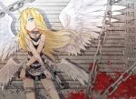  1girl angel_wings bandage bandage_over_one_eye blonde_hair blood blood_splatter blue_eyes chains collar contrapposto crossed_arms cuffs eyebrows_visible_through_hair finger_on_trigger ginklaga gun head_tilt knife looking_at_viewer multiple_wings prison_clothes rachel_gardner restrained satsuriku_no_tenshi shackles shorts tank_top weapon weapon_request wings 