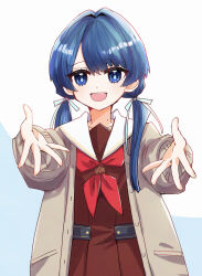  1girl :d blue_background blue_eyes blue_hair blue_ribbon brown_cardigan brown_dress cardigan commentary dark_blue_hair dress hair_ribbon hasu_no_sora_school_uniform kanduki_kamibukuro link!_like!_love_live! long_hair long_sleeves looking_at_viewer love_live! low_twintails mole mole_on_neck murano_sayaka neckerchief open_cardigan open_clothes open_mouth pleated_dress reaching reaching_towards_viewer red_neckerchief ribbon sailor_collar sailor_dress school_uniform smile solo twintails virtual_youtuber white_background white_sailor_collar winter_uniform 
