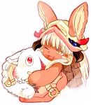  1girl ;3 ;d animal_ears bangs colored_eyelashes eyebrows_visible_through_hair fang fur furry highres horizontal_pupils hug long_hair long_sleeves looking_at_another made_in_abyss mitty_(made_in_abyss) nanachi_(made_in_abyss) one_eye_closed open_mouth rabbit_ears satokichi simple_background smile whiskers white_background white_hair 