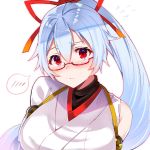  1girl bare_shoulders blush fate/grand_order fate_(series) felnemo glasses highres looking_at_viewer ponytail red_eyes silver_hair simple_background speech_bubble tomoe_gozen_(fate/grand_order) 