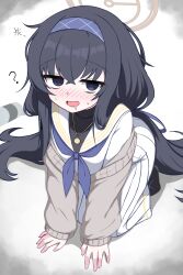  1girl ? @_@ all_fours bags_under_eyes black_shirt blue_archive blue_eyes blue_hair blue_hairband blue_neckerchief blue_ribbon blush brown_cardigan brown_halo cardigan commentary crossed_bangs dark_blue_hair dot_nose drooling drunk flat_chest full_body hair_between_eyes hairband halo headband highres io9 jewelry long_hair long_skirt long_sleeves looking_at_viewer low_twintails neckerchief necklace off_shoulder open_mouth ribbon sailor_collar school_uniform serafuku shirt simple_background skirt sleeves_past_wrists socks solo squeans sweatdrop turtleneck turtleneck_shirt twintails ui_(blue_archive) very_long_hair white_background white_sailor_collar white_serafuku white_skirt 