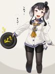  1girl anchor anchor_symbol black_hair black_legwear collar commentary_request dress eyebrows_visible_through_hair frisbee grey_hair hairband hat highres holding_object kantai_collection long_sleeves looking_at_viewer lowleg_pantyhose mini_hat multicolored_hair neckerchief open_mouth pantyhose ryuun_(stiil) sailor_collar sailor_dress shirt short_hair short_hair_with_long_locks sidelocks smile solo tied_shirt tokitsukaze_(kantai_collection) translated 