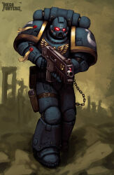  1boy adeptus_astartes armor armored_boots artist_name bolter boots chain english_commentary fonteart full_armor full_body glowing glowing_eyes green_sky gun helmet highres holding holding_gun holding_weapon outdoors red_eyes science_fiction sky solo standing ultramarines warhammer_40k wax_seal weapon 