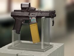 absurdres blurry blurry_background crack gun hatsune_miku highres magazine_(weapon) no_humans notfuji optical_sight original realistic star_sticker sticker submachine_gun vocaloid weapon weapon_focus