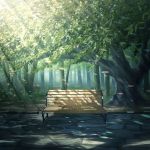  bench commentary_request dappled_sunlight day forest grass highres leaf light_particles nature no_humans original outdoors scenery someya_mai sunlight tree tree_shade 