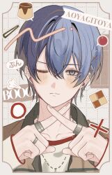  1boy absurdres aoyagi_touya blue_eyes blue_hair blush booo!_(vocaloid) character_name cherry closed_mouth commentary_request dark_blue_hair earrings fingernails food fruit hair_ornament hairpin hands_up highres index_finger_raised jewelry long_sleeves looking_at_viewer male_focus mole mole_under_eye multicolored_hair multiple_hairpins necklace official_alternate_costume one_eye_closed project_sekai pudding ring short_hair solo split-color_hair split_mouth two-tone_hair v_prsk x 
