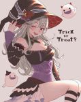  1girl breasts cleavage detached_collar female_my_unit_(fire_emblem_if) fire_emblem fire_emblem_heroes fire_emblem_if ghost grey_background halloween_costume hat highres hoshido1214 long_hair long_sleeves medium_breasts my_unit_(fire_emblem_if) nintendo one_eye_closed open_mouth red_eyes simple_background solo trick_or_treat white_hair witch_hat 