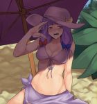  1girl bikini blue_bow blush bow breasts collarbone cowboy_shot crescent crescent_moon_pin fanning front-tie_bikini front-tie_top hair_bow hat hat_pin hot leaf long_hair medium_breasts navel open_mouth outdoors patchouli_knowledge plant purple_bikini purple_hair purple_hat red_bow shade sitting solo splayter sweat swimsuit touhou umbrella violet_eyes 